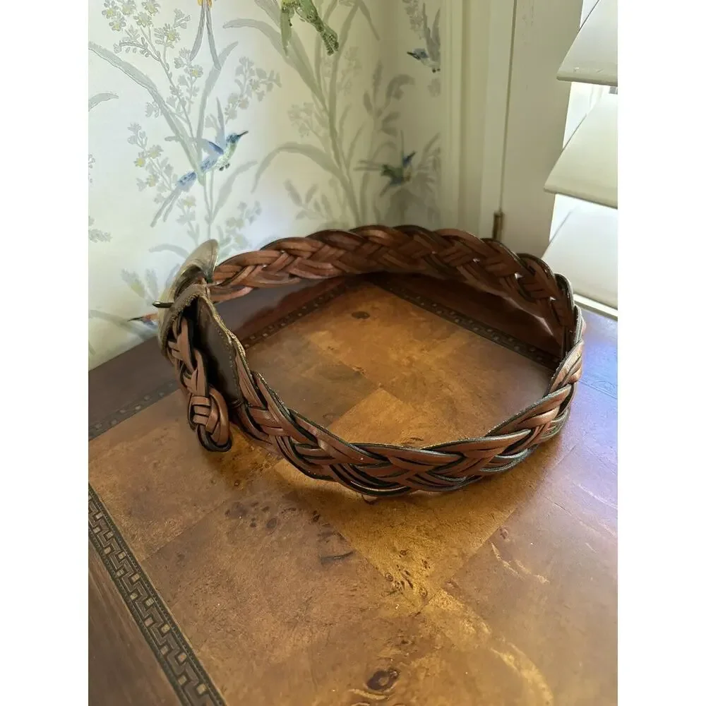 Vintage Brown Wide Weaven Leather Belt Large Silver Plated Buckle M 28-32”